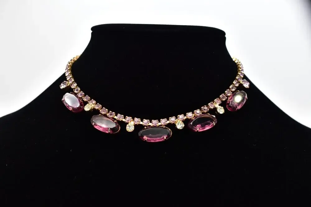 Vintage Purple Rhinestone Bezel Prong Crystal Choker Necklace Collar Gold 60s 9J